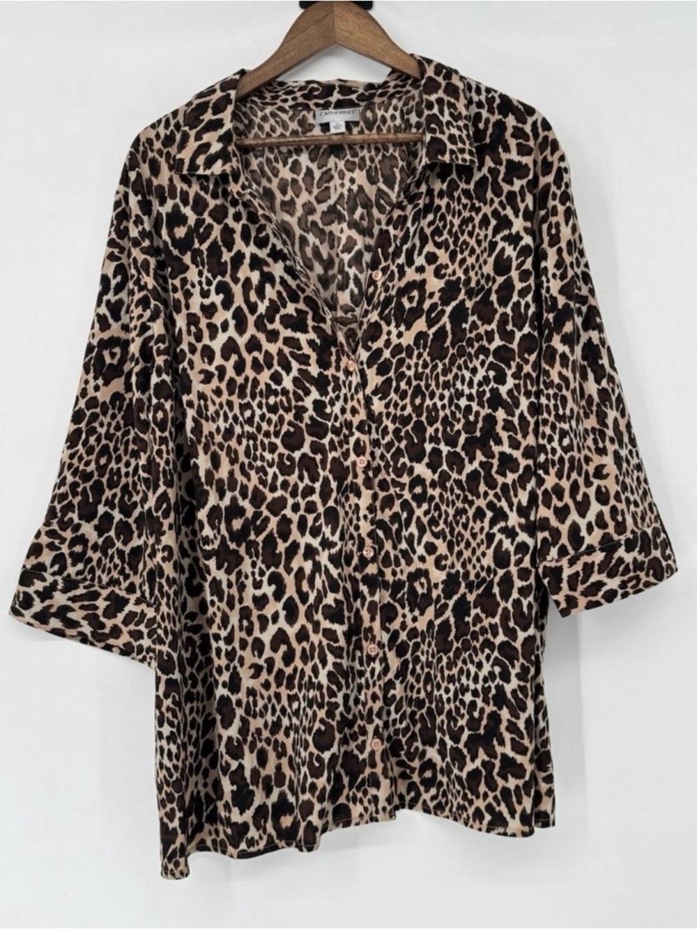 Catherines Brown Animal Cheetah 3/4 Sleeve Button Down Blouse 2x Plus
